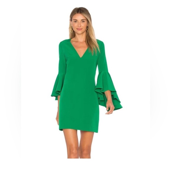 Milly Emerald Green Nicole Dress Size 4 V Neck Mini Sheath Ruffle 3/4 Sleeves - Picture 1 of 13
